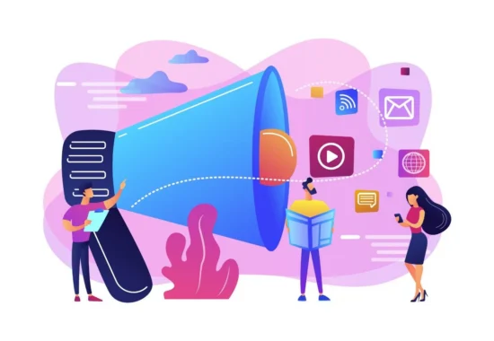 A flat vector illustration of a person holding a large megaphone with social media notification icons like likes, mail, and profiles floating out.