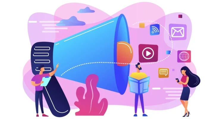 A flat vector illustration of a person holding a large megaphone with social media notification icons like likes, mail, and profiles floating out.
