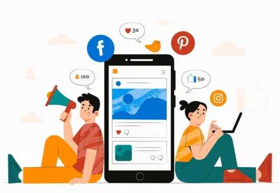 An illustration of people using mobile devices and laptops surrounded by social media icons like Facebook, Instagram, and Pinterest.