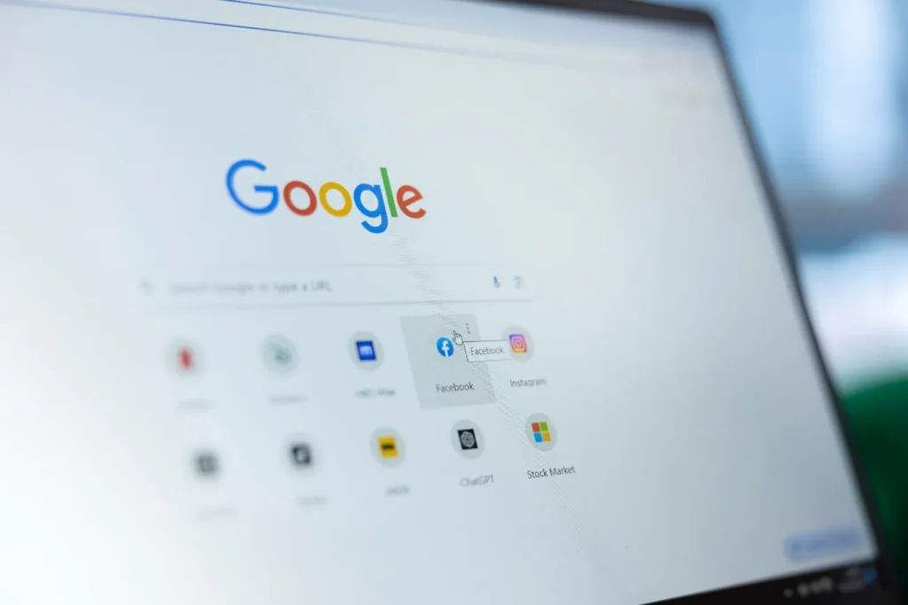 Close-up of the Google search engine logo on a digital screen, representing professional Google Ads and SEO services.