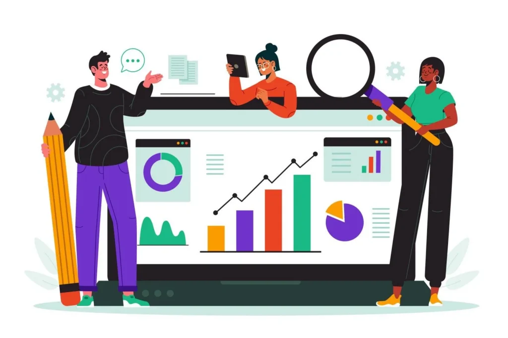 An illustration of a digital marketing team analyzing a large dashboard with growth charts, magnifying glasses, and SEO data visualizations.