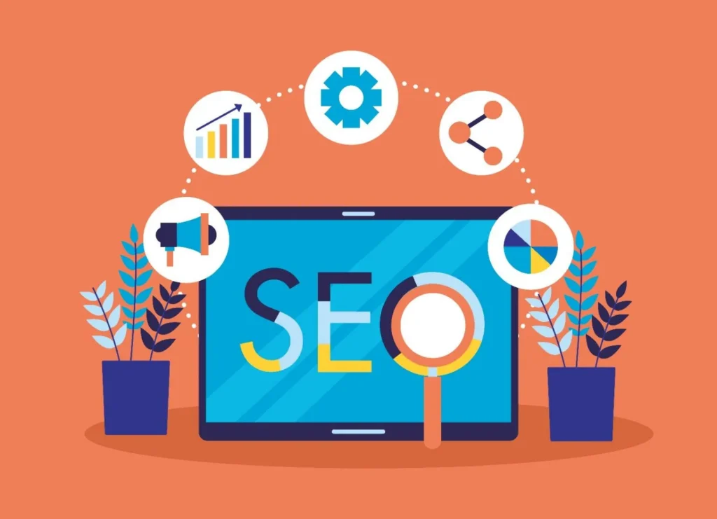 An illustrative graphic showing a laptop screen with "SEO" text surrounded by icons for search rankings, analytics, and social sharing.