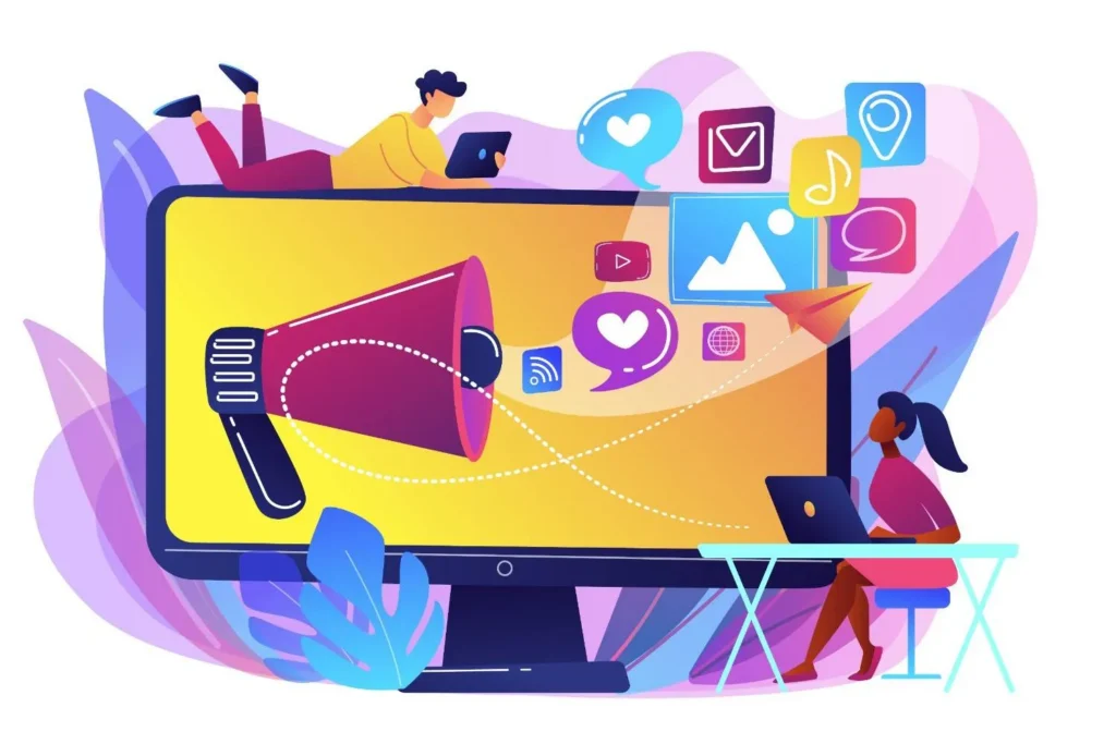 A colorful flat vector illustration of a person holding a large megaphone with social media notification icons like hearts, mail, and profile symbols floating out of it.