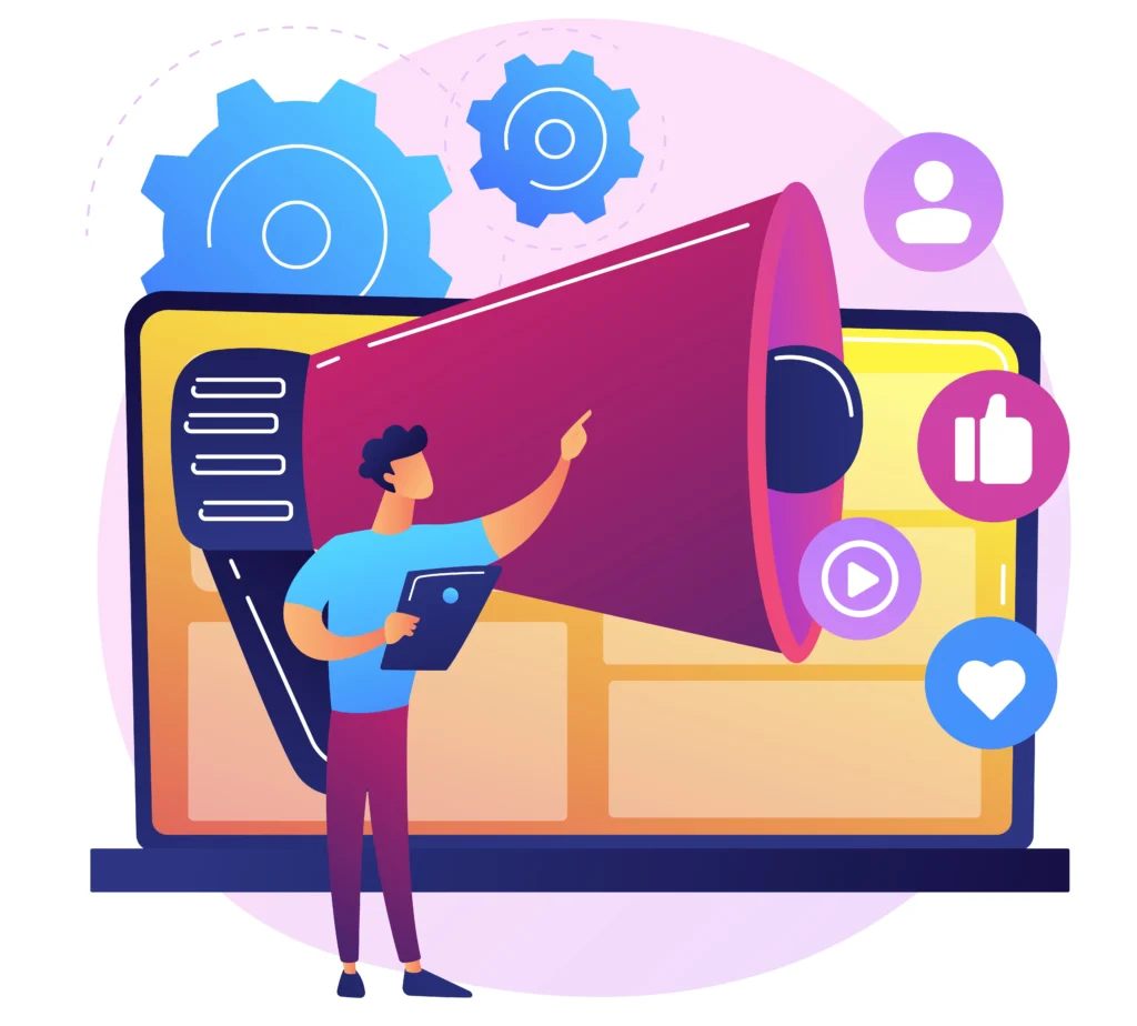 Flat illustration of a digital marketer holding a megaphone with social media icons and floating interface elements, symbolizing digital advertising and brand promotion.