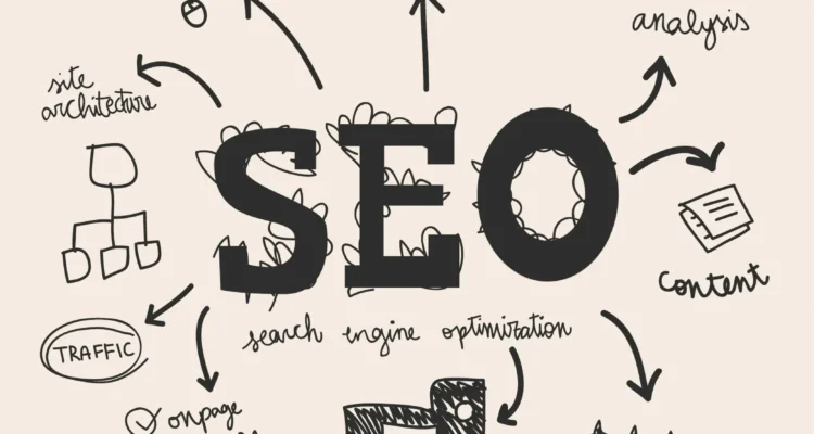 Hand-drawn style SEO concept map showing icons for backlinking, keywords, content strategy, and website optimization.