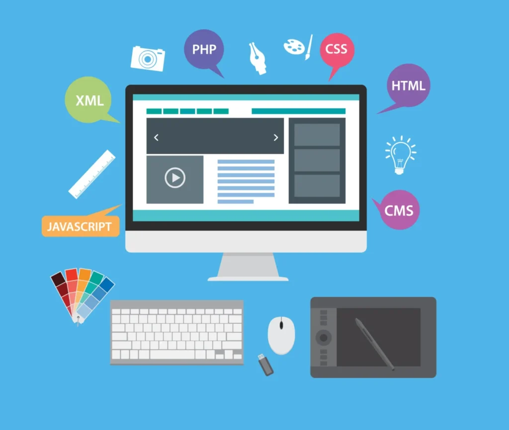 Flat design illustration of a computer monitor showing a web layout, surrounded by icons for HTML, CSS, coding, and graphic design tools on a blue background.